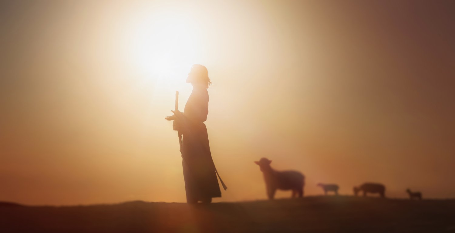 shepherd jesus christ leading the sheep and sun light and jesus bokeh silhouette